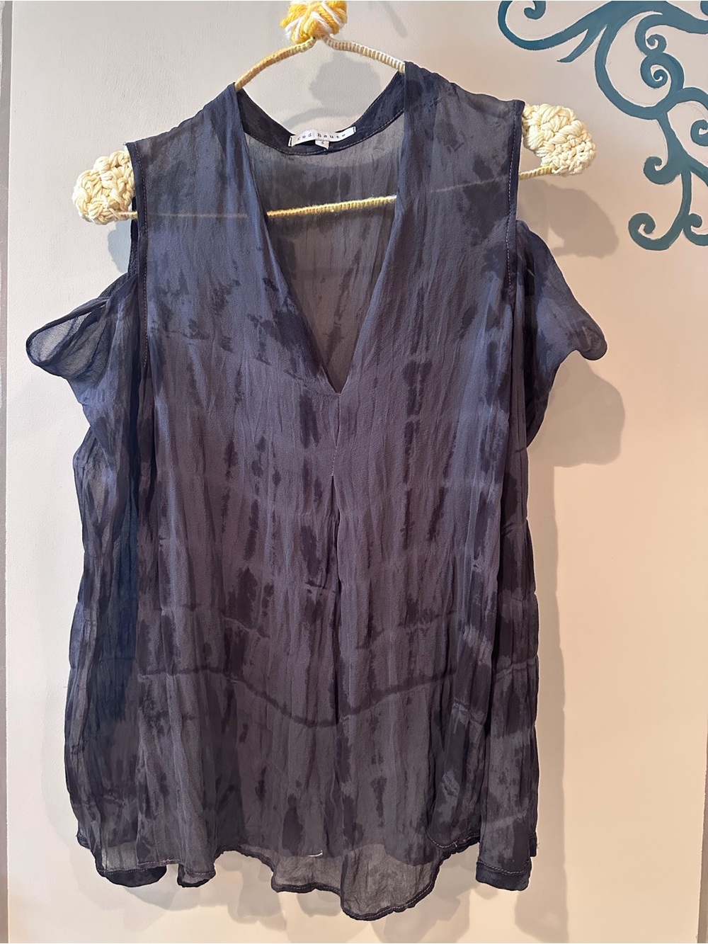 Red Haute Navy Cold-Shoulder V-Neck Sheer Blouse